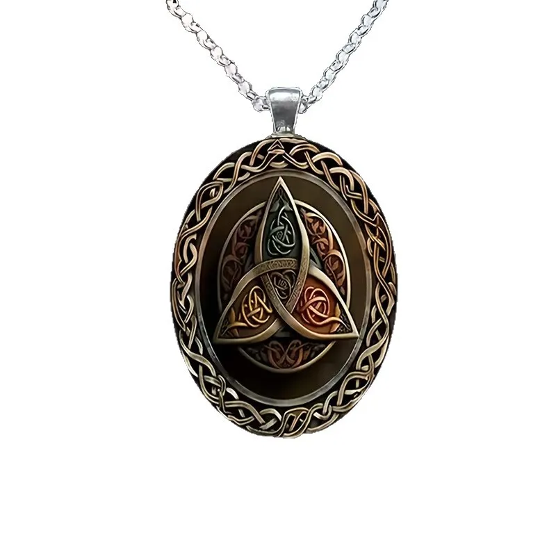 Bohemian Celtic Knot Oval Glass Pendant Necklace – Vintage Boho Jewelry with Eternal Knot Design, Spiritual Everyday Accessory for Women & Men